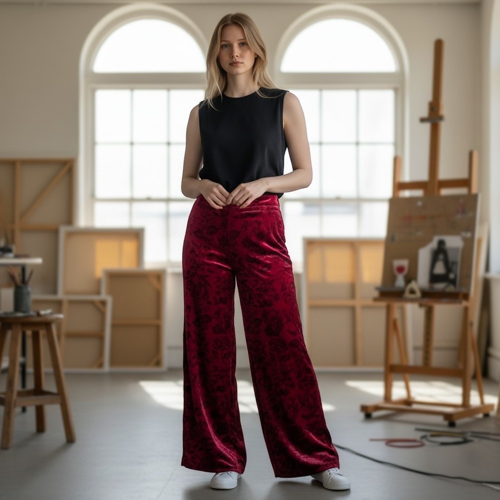 Anthropologie Red Velvet Floral Wide Leg Pants Ruby Rose Pattern Trousers Size 4
